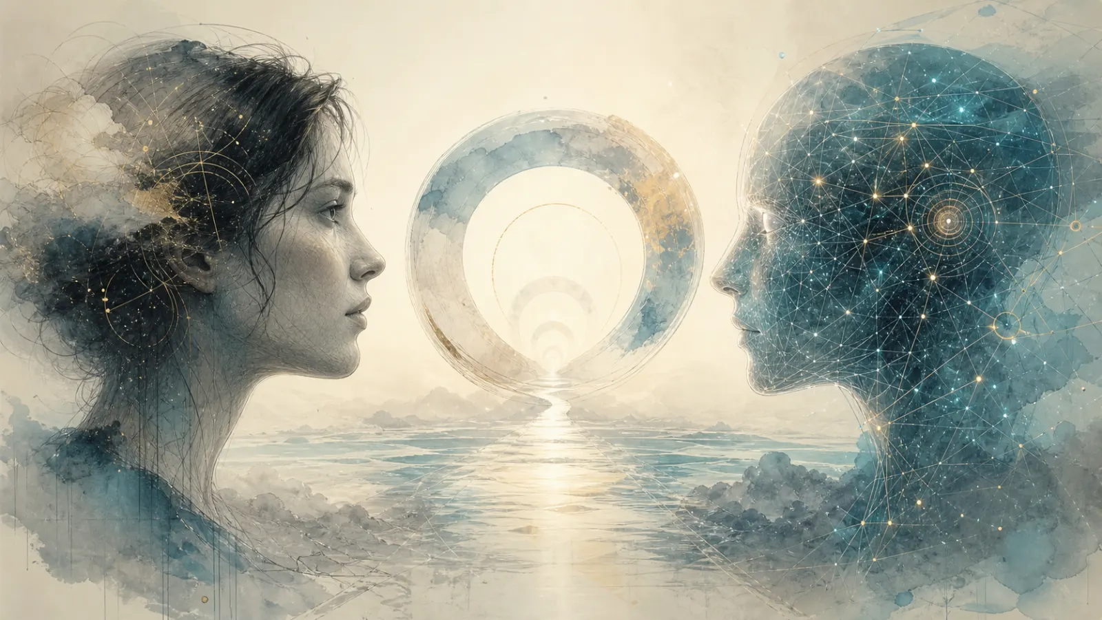 Human and artificial neural silhouettes facing each other across a recursive horizon.