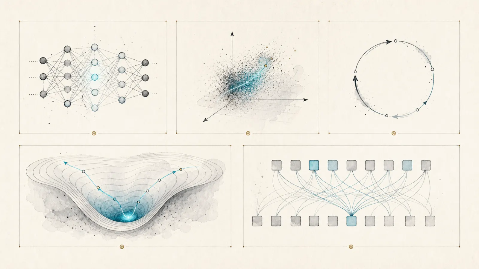 A visual glossary plate for neural networks, latent spaces, recursive loops, attractors, and attention.