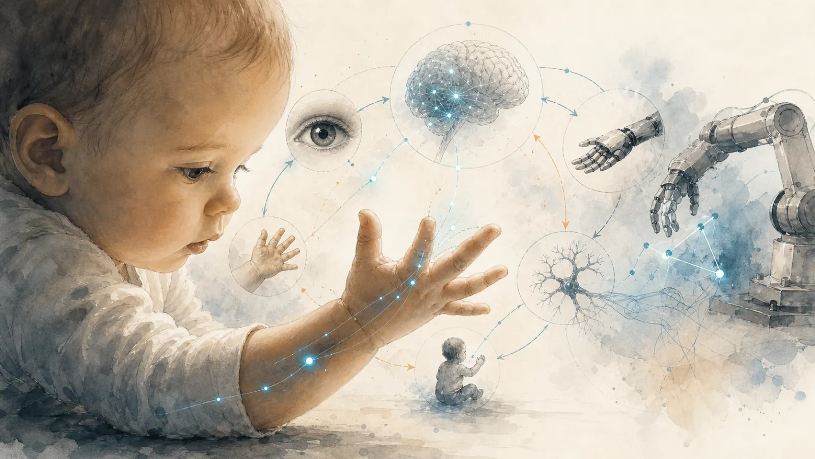 A baby hand and robot arm connected by sensory feedback loops.