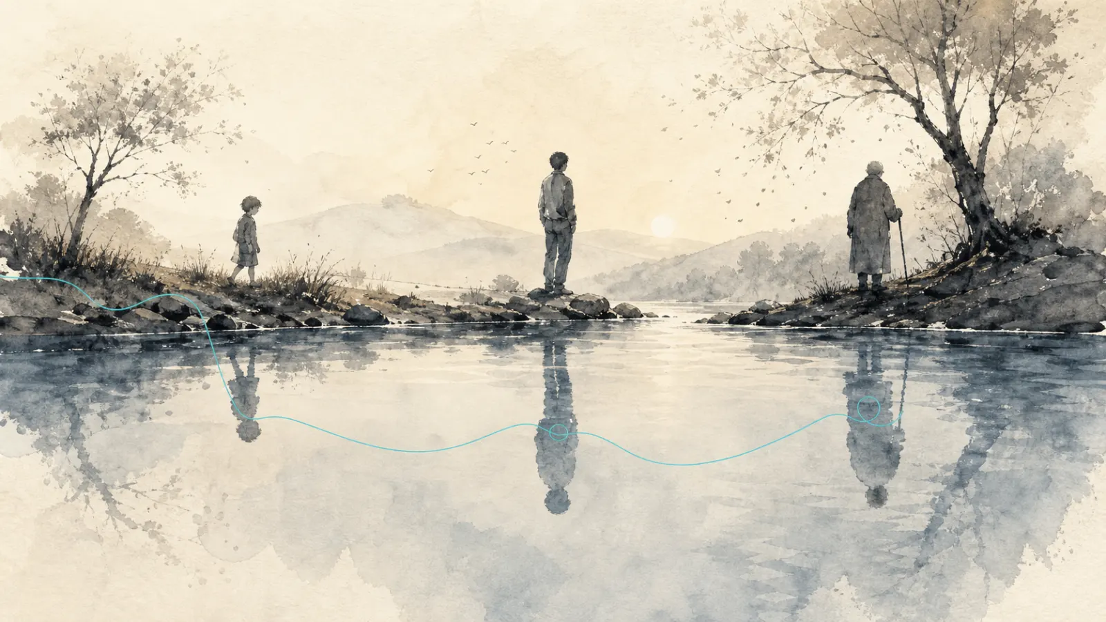 Life stages reflected in a river as a metaphor for continuity of self.