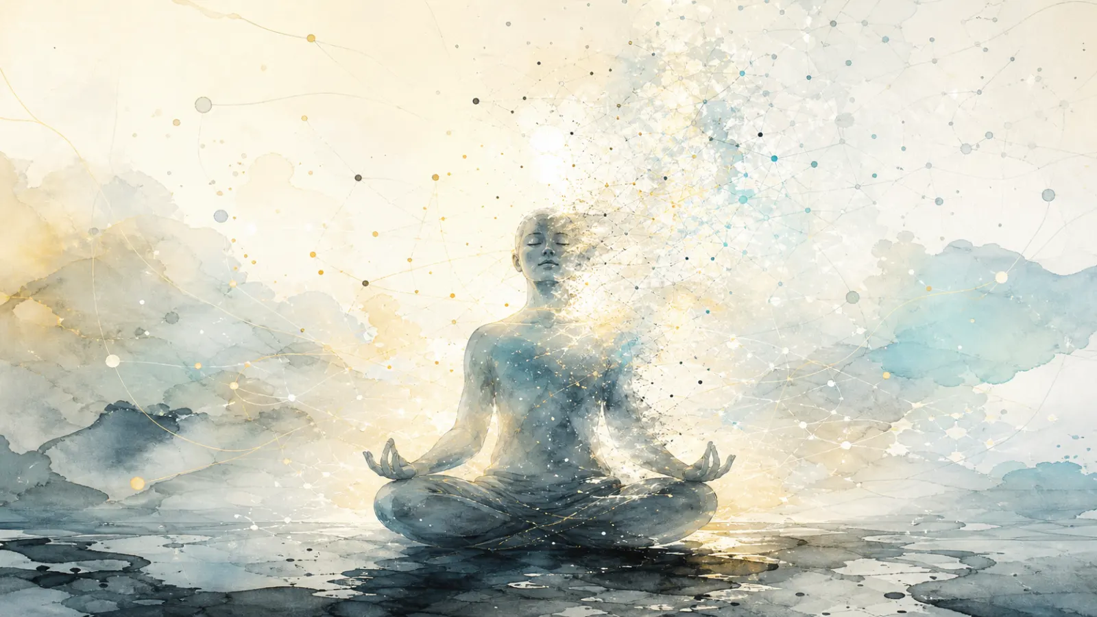 A meditator whose body outline dissolves into subtle network patterns.