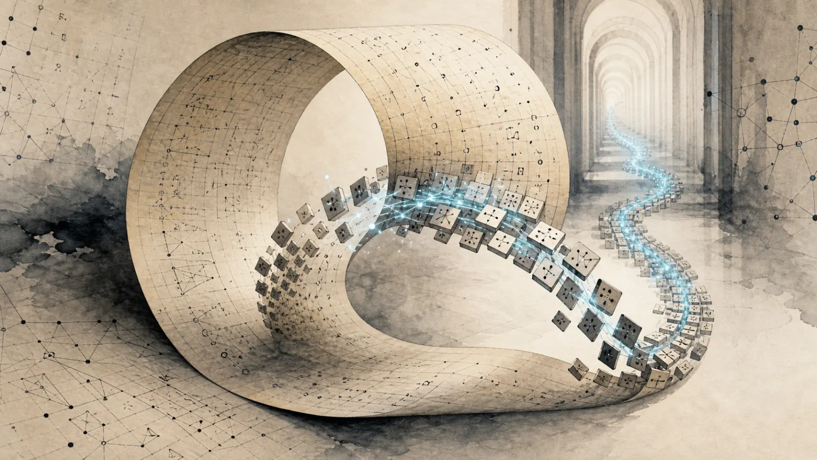 A mathematical page folding into a self-referential loop.