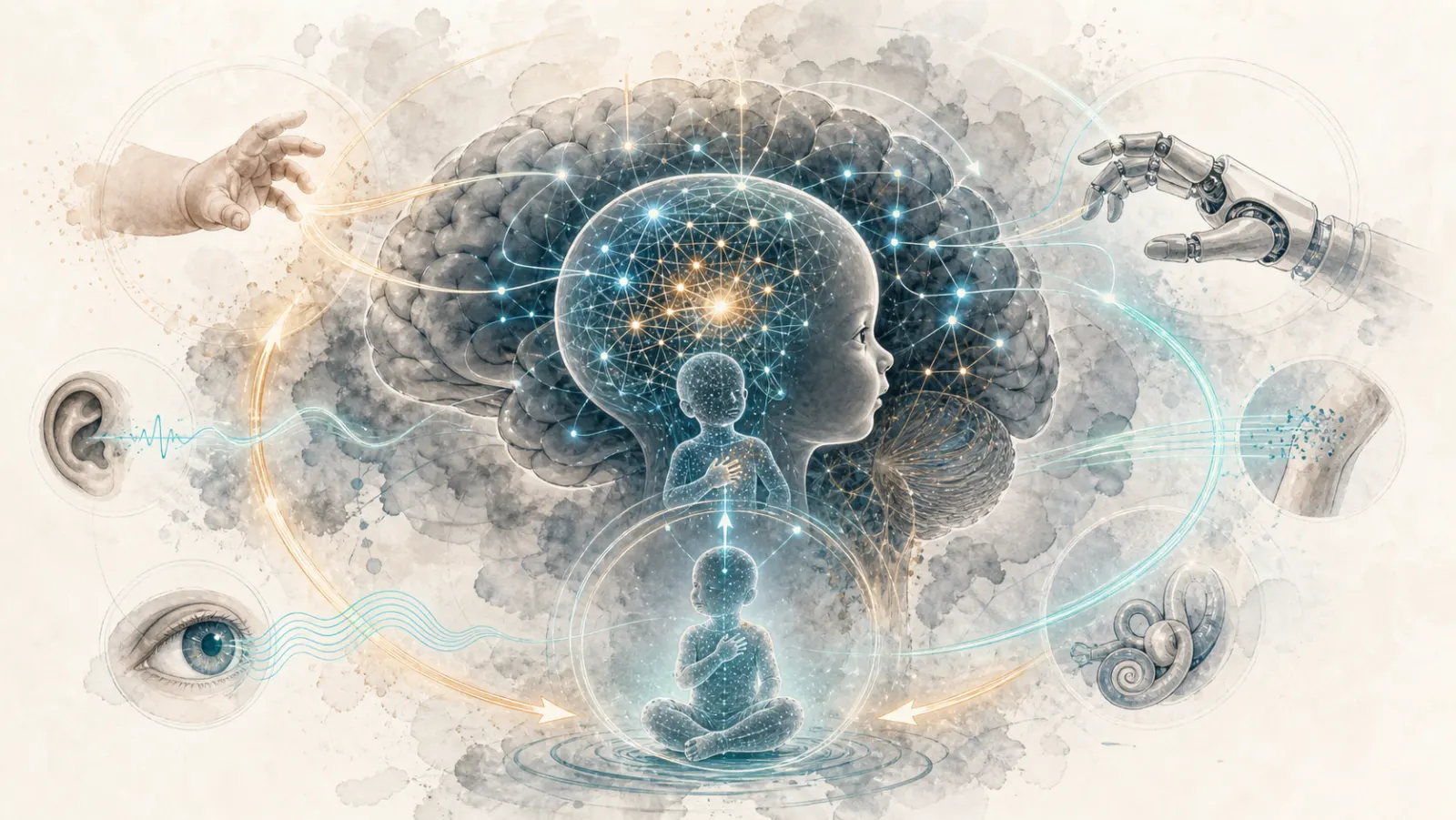 Brain and neural network loops showing prediction and sensory signals.
