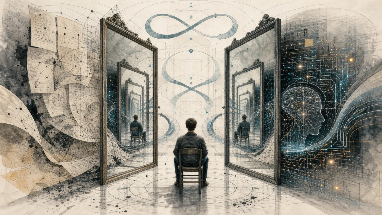 Facing mirrors blending into neural circuits and symbolic loops.