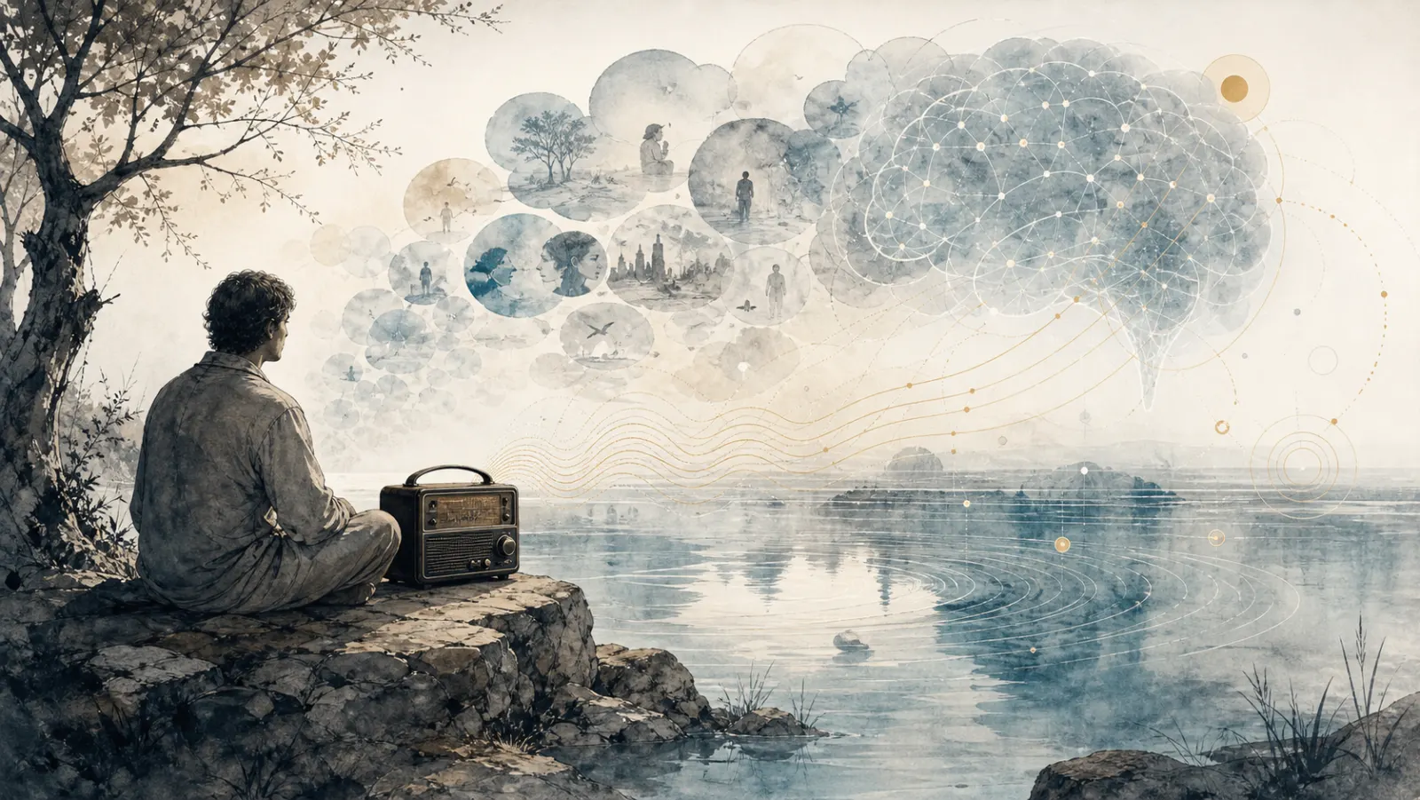 A serene observer beside water with thought-like clouds and tuning waves.